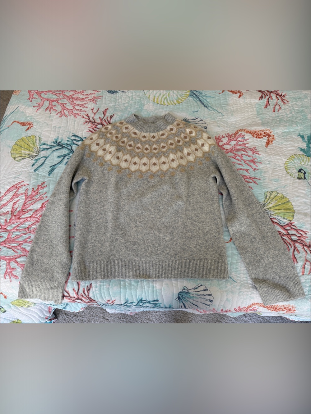 J. Crew Factory Light Gray Fair Isle Yoke Crewneck Sweater